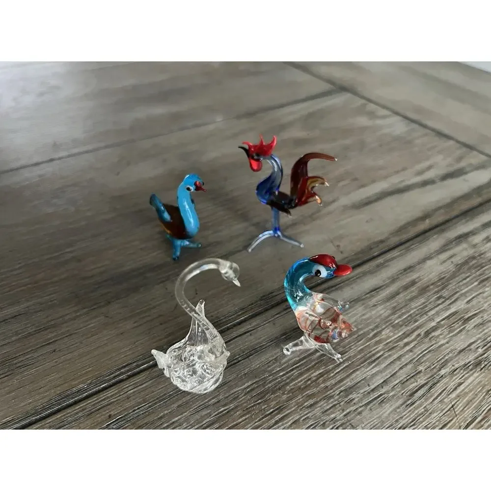 Hand Blown Glass Bird Figurines Swan, Ducks, & A Rooster Miniature Art Glass Set